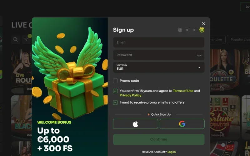 Holyluck registreringsformulär med e-post och valuta